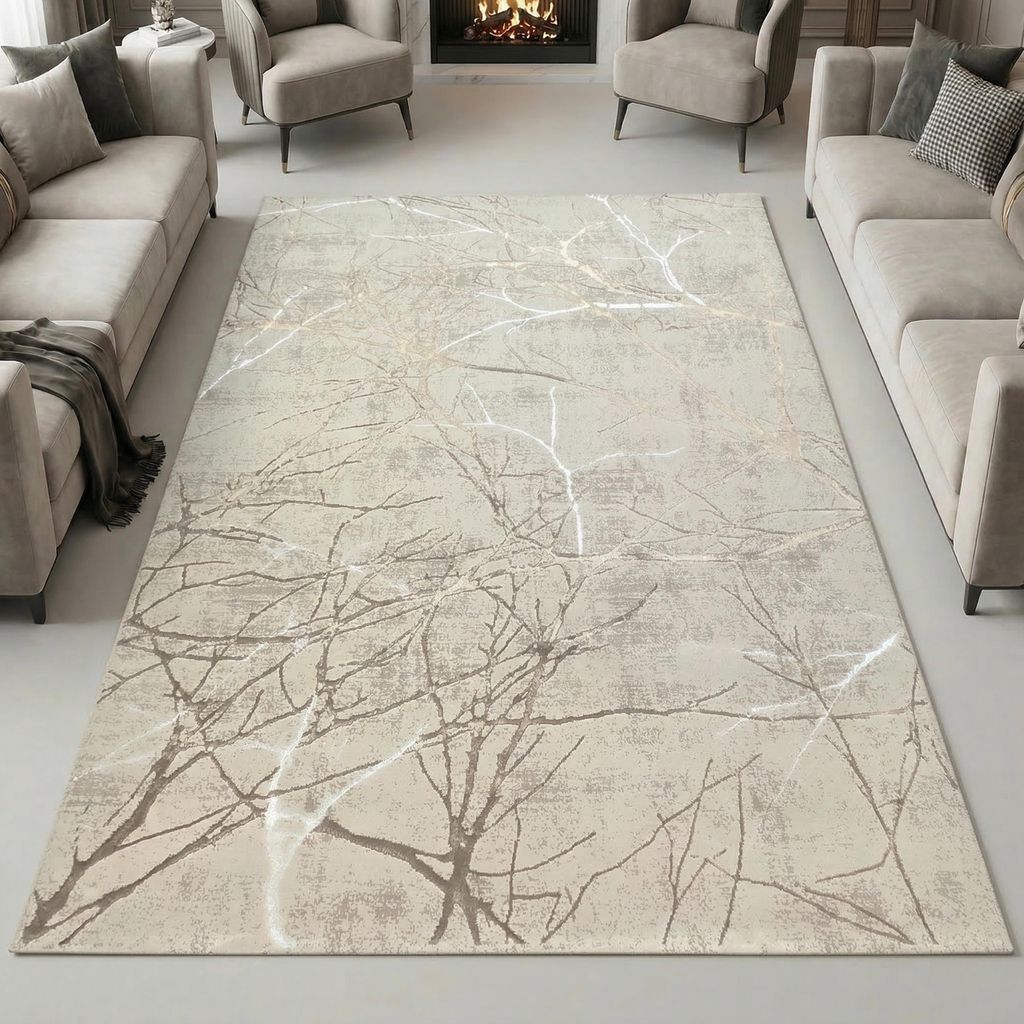 Designer Teppich mit abstraktem glänzenden Ästemuster creme Produktbild 