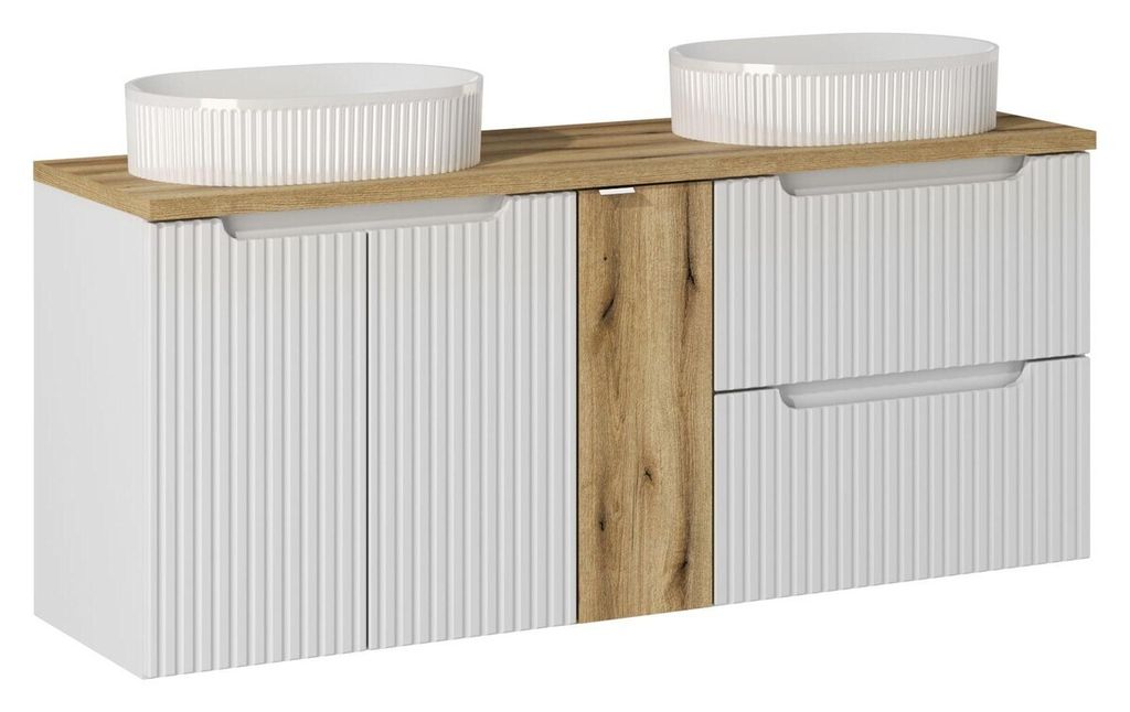 Badmöbel-Set Mit 2 Waschbeckenunterschrank, Arbeitsplatte 140 cm & 2 Aufsatzwaschbecken, Nova White N BM33 - Weiß/Evoke Oak