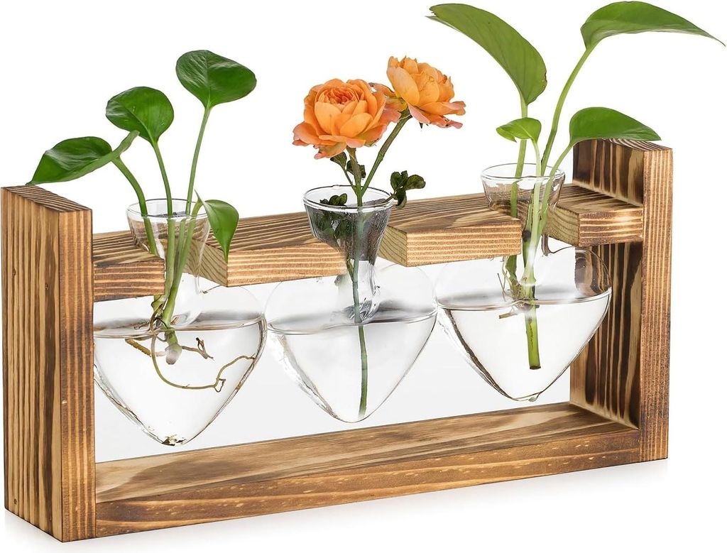 Vintage herzförmige Glasvase mit retro Holzständer - Terrariumpot für Pflanzen - Ideal für Hydrokultur - Geeignet als Pflanzenmittelpunkt