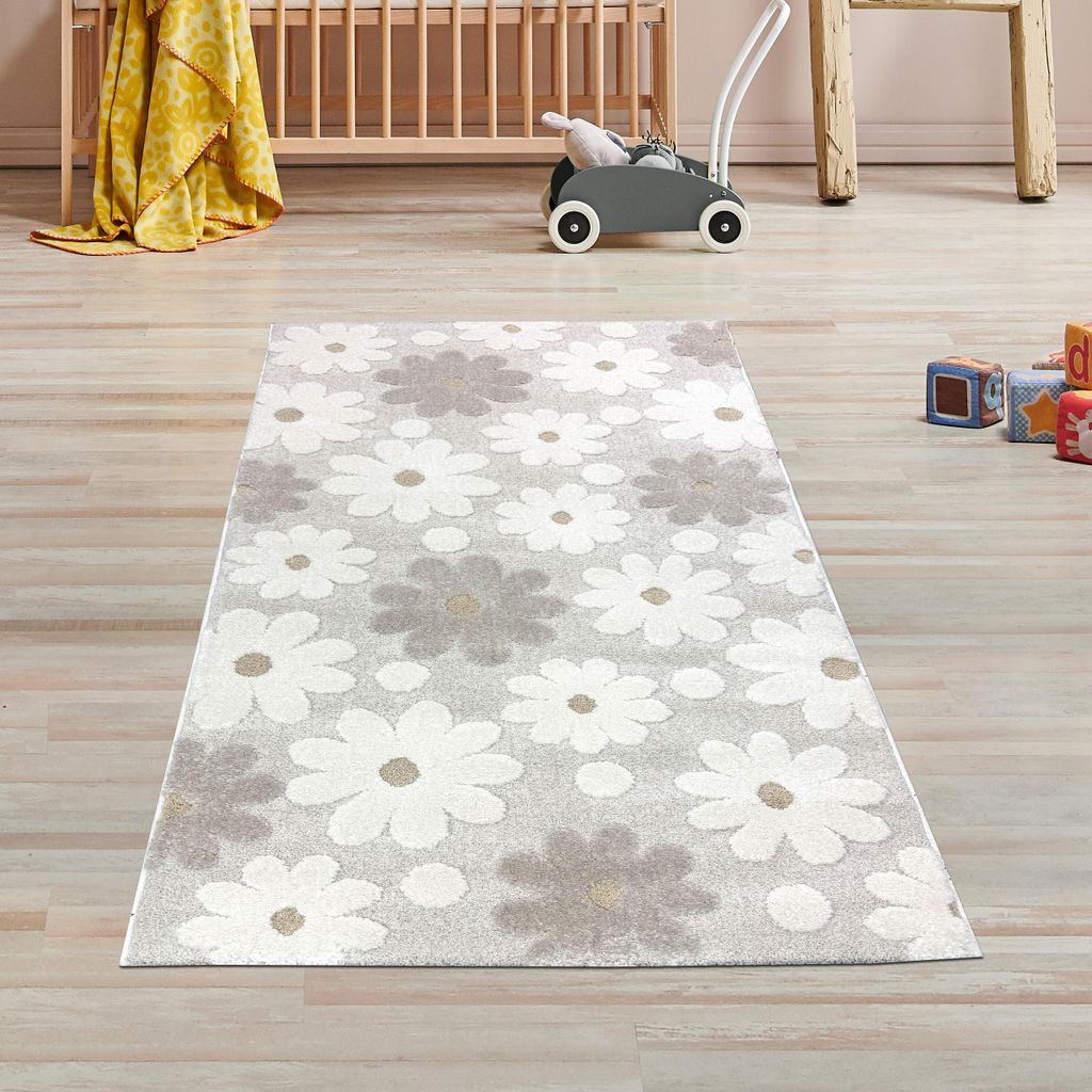 Bezaubernder Kinderteppich mit Blumenmuster und Höheneffekt in Creme und Beige Größe - 80 x 150 cm