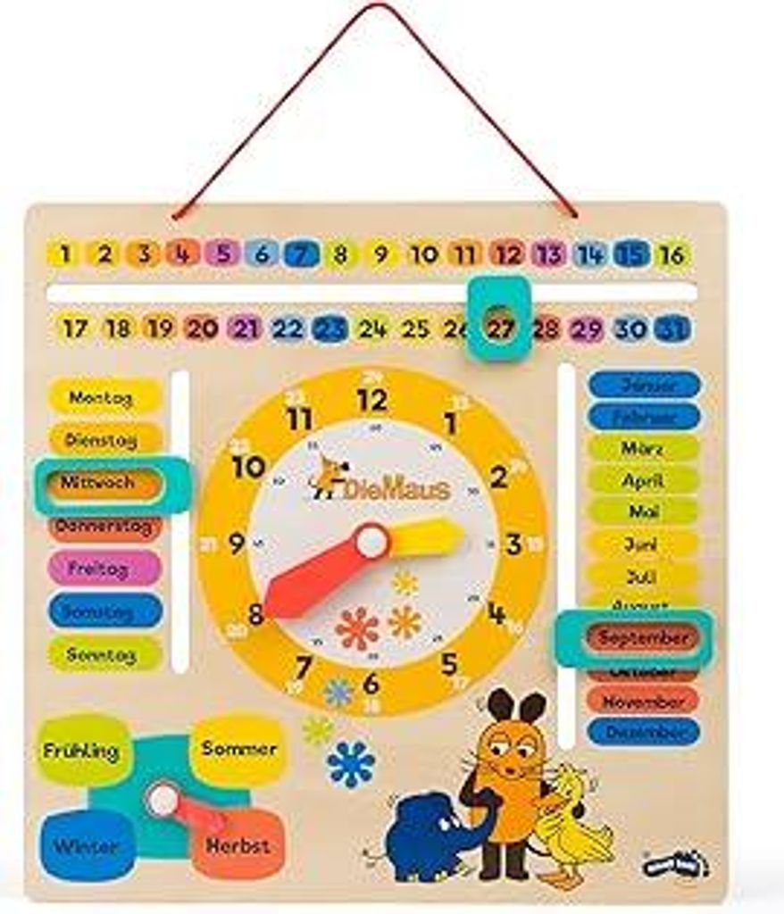 small foot Die Maus Lernuhr mit Kalender aus Holz, erklärt Datum, Jahreszeit und Uhrzeit, für Kinder ab 3 Jahren, 10496