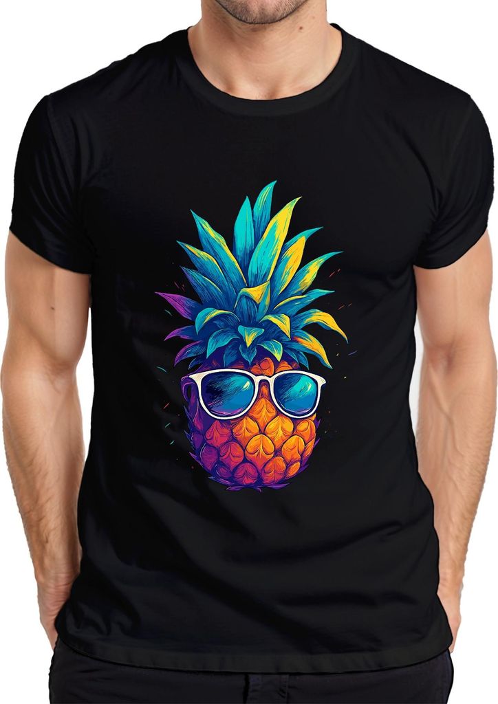 Ananas Sonnenbrille bunt tropisch Sommer Urlaub Hawaii Retro Herren T-Shirt, Schwarz, XL