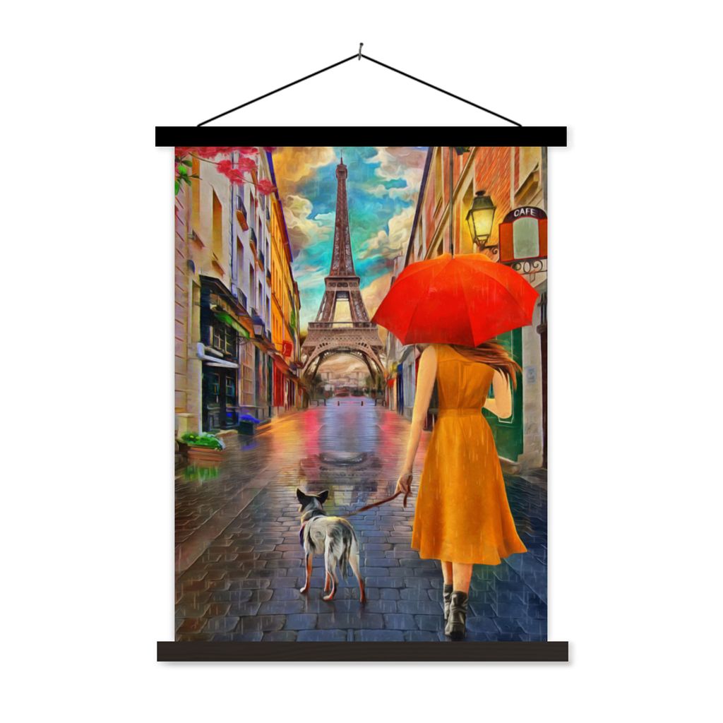 MuchoWow Textilposter Gemälde - Ölfarbe - Frau - Hund - Paris 60x80 cm mit schwarzem Rahmen - Plakathalter