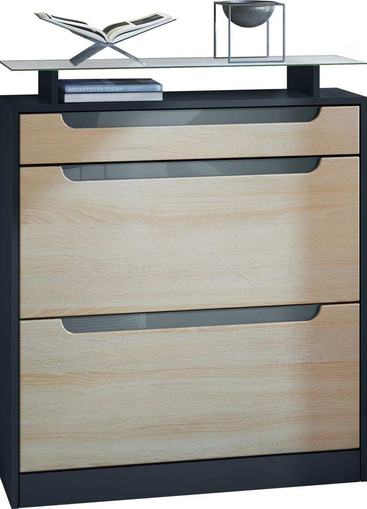 Vladon Schuhschrank Fiesta, Schwarz matt/Eiche sägerau/Grau Hochglanz - Schuhkipper für 16 Paar Schuhe (89 x 104 x 23 cm)