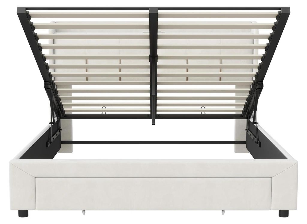 Stauraumbett - Polster-Doppelbett - Hydraulischer Stauraum, LED & USB, Kopfteil mit Stauraum, Lattenrost, Samt, Maße 160×200 cm - Beige