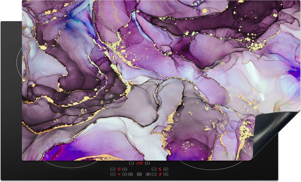 KitchenYeah Herdabdeckplatte Marmor - Rosa - Lila - Gold , 91x52cm, Küche Deko, Glaskeramikkochfeld Herdabdeckung, Abdeckplatte fùr Kochfeld