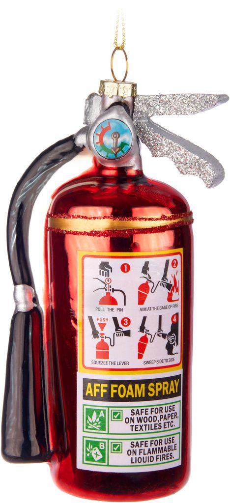 A close-up studio shot of a glass Christmas ornament shaped like a red fire extinguisher.