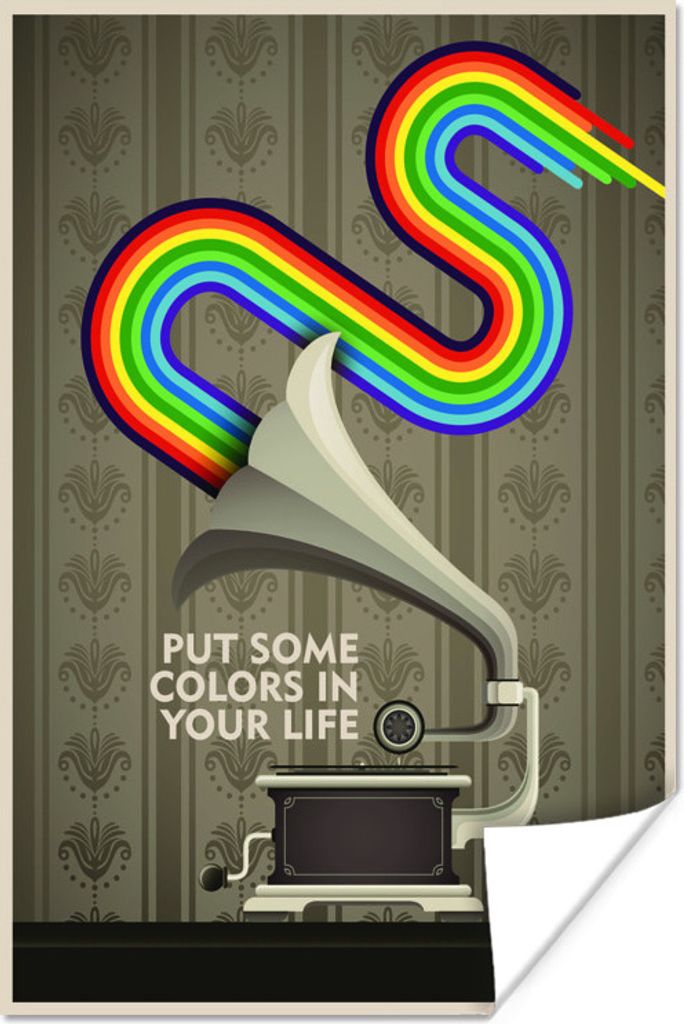 MuchoWow Poster Regenbogen - Vintage - Grammophon - Musik - Zitate - Bringen Sie etwas Farbe in Ihr Leben 120x180 cm - Kunstposter