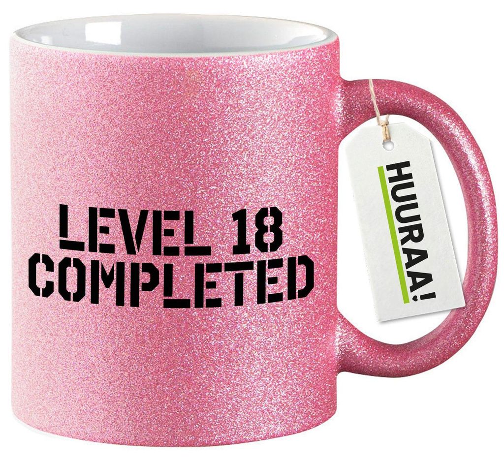 Huuraa Glitzertasse Level 18 Completed 330ml Pink Keramik Kaffeebecher Geschenkidee