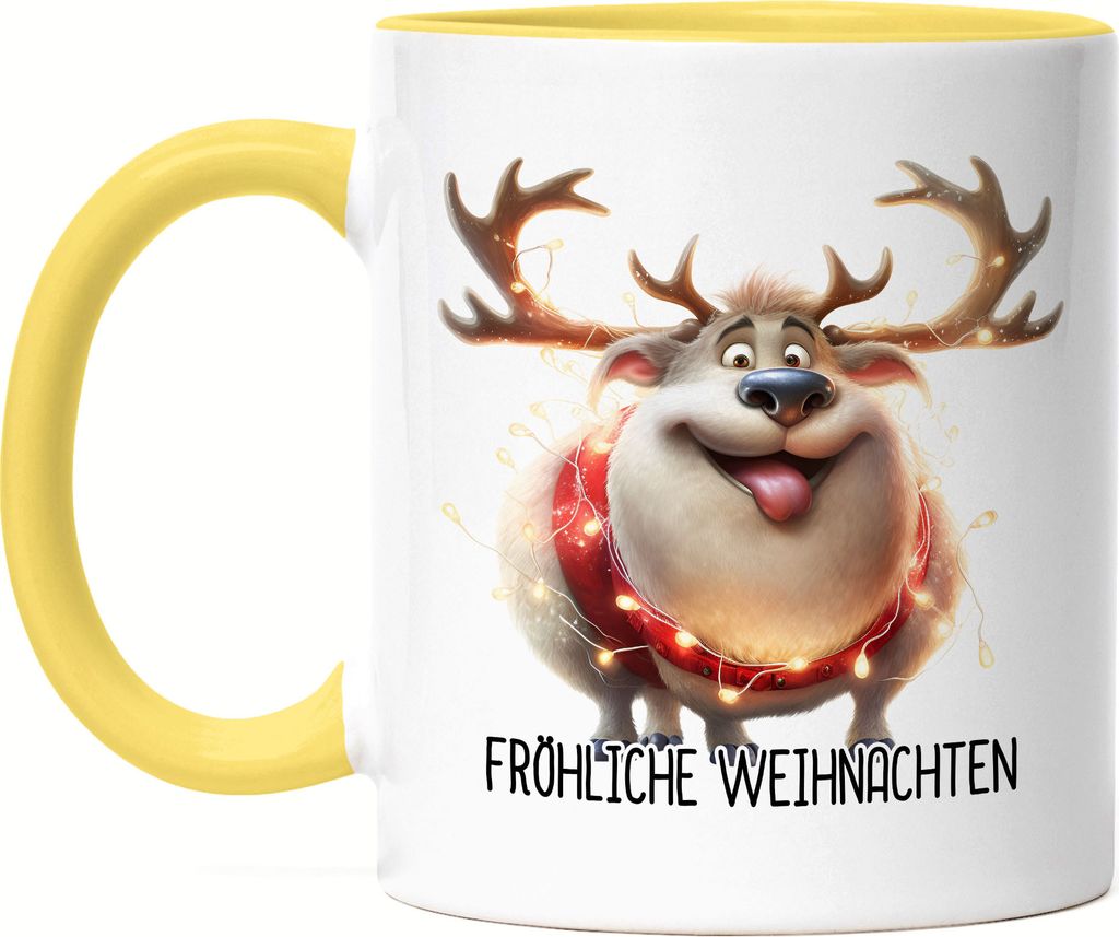 Fröhliche Weihnachten Lustiges Rentier Julklapp Geschenk Tasse Gelb Lichterkette Adventsgeschenk