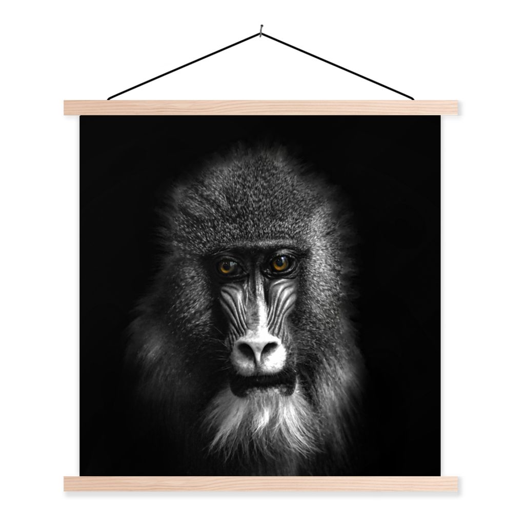 MuchoWow Textilposter Affe - Tiere - Augen - Braun - Schwarz und weiß 120x120 cm mit holzfarbenen Rahmen - Textil-Poster