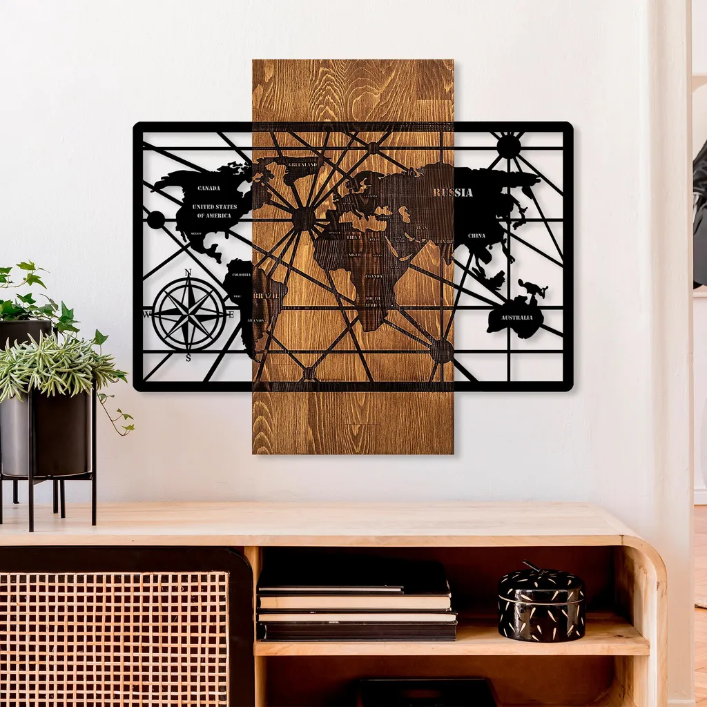 Offerta Wallity Mappa Mondo Legno Metallo 6-M | Noce 57x63 cm