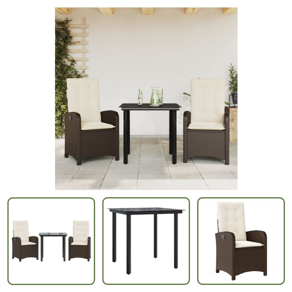 The Living Store 3-tlg. Garten-Essgruppe mit Kissen Braun Poly Rattan
