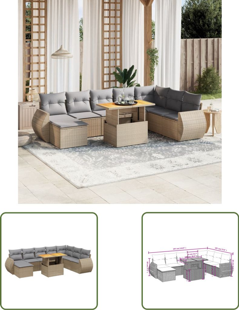 The Living Store 9-tlg. Garten-Sofagarnitur mit Kissen Beige Poly Rattan