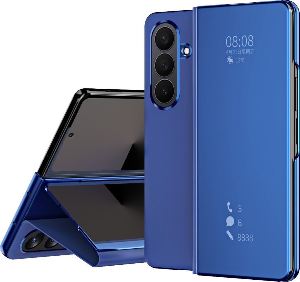 Hülle für Samsung Galaxy Z Fold 7 Lichtdurchlässigen Spiegel Abdeckung, Klappetui Ständer Kunstleder Schutzhülle Blau