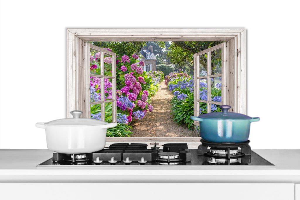 KitchenYeah Spritzschutz Küche - Küchenrückwand - Wandschutz für Herd und Spüle - Hortensie - Durchsichtig - Blumen - Sommer - Lila - Weg 60...