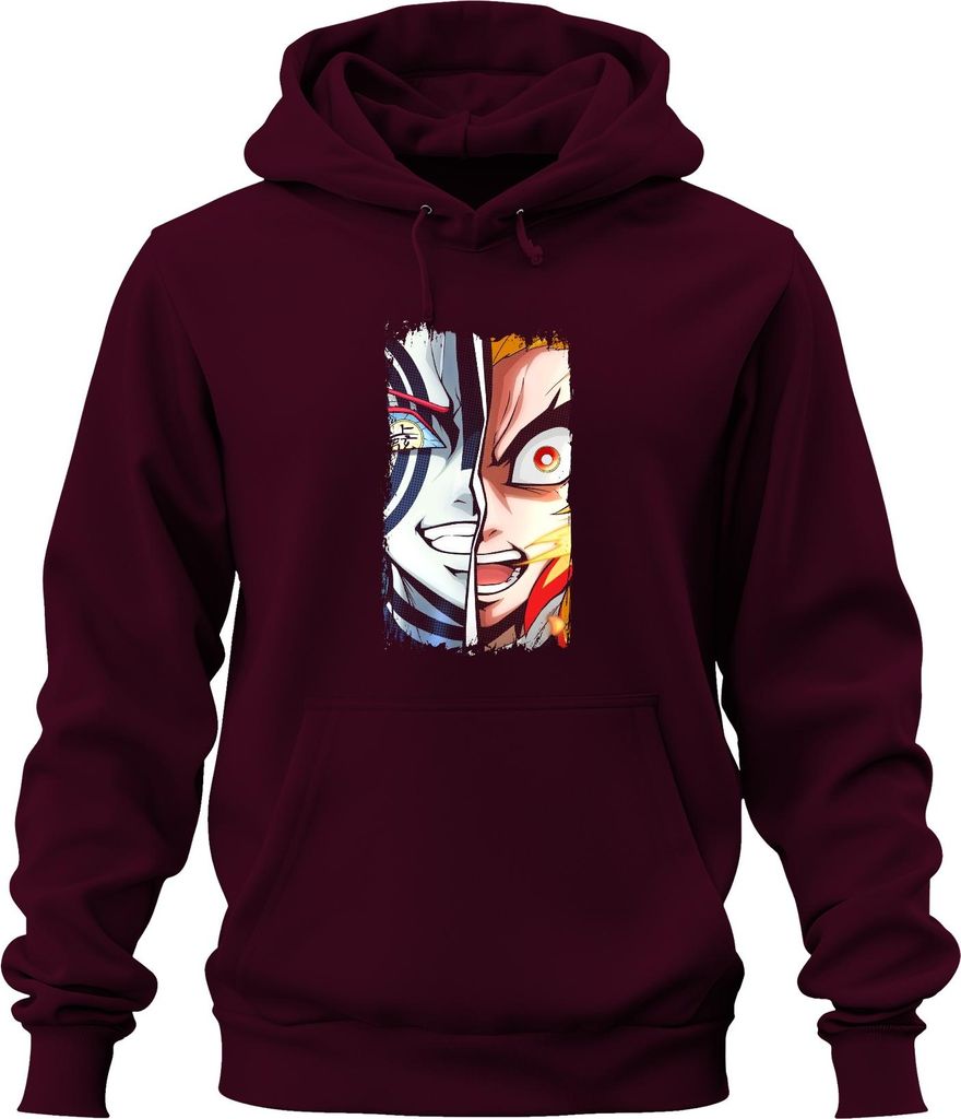 Rengoku Akaza Halbgesicht Feuer Dämon Anime Vintage Anime Manga Uni Hoodie Kapuzenpullover, Burgundy, L