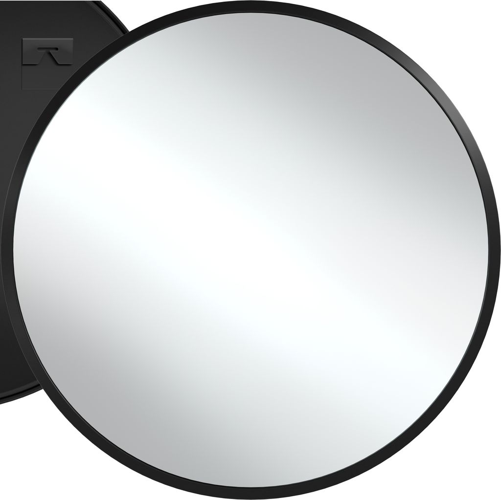A round mirror with a black frame against a white background.
