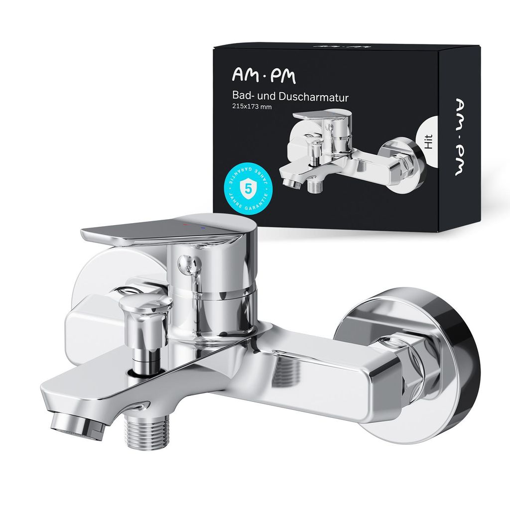A chrome bathtub faucet is shown in the foreground, with its packaging in the background.