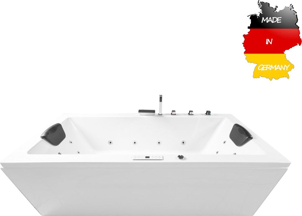 Basera CLASSIC Indoor Whirlpool Badewanne Naxos 180 x 90 cm mit 24 Massagedüsen, Wasserfall, LED-Ambiente, Touchpanel, Bluetooth und Radio
