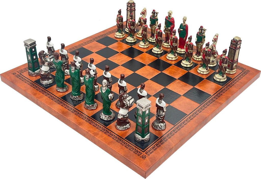 Italienisches Schachset Metall Römer Gegen Barbaren + Schachbrett Kunstleder Braun/Schwarz 33