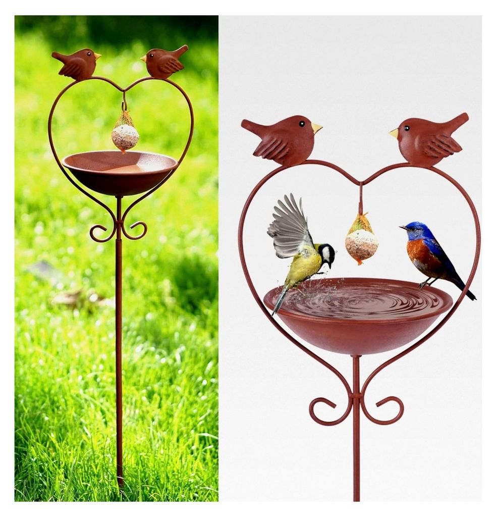 Winterfeste Vogeltränke, Stehende Vogelfutterstation H 115 cm aus Metall mit Meisenknödelhalter für Wildvögel, Rostoptik Gartendekoration
