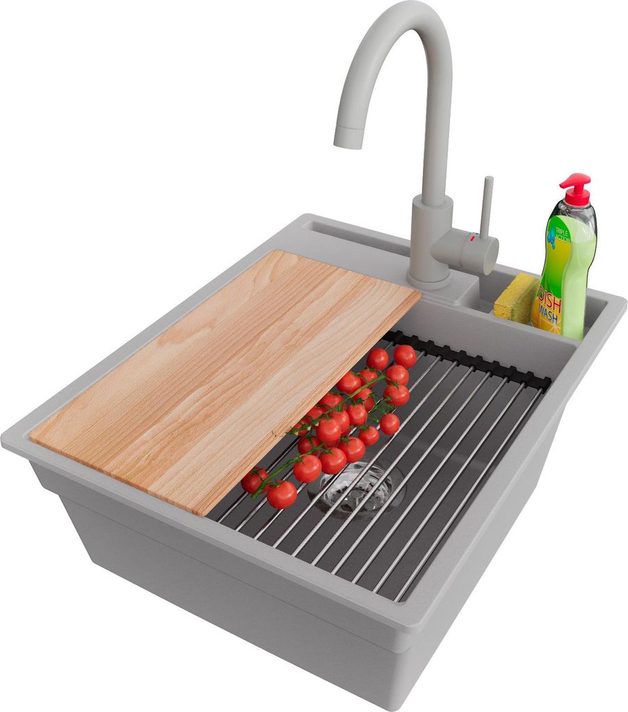 PRIMAGRAN Granitspüle Grau 43x53cm, Spülbecken 1 Becken + Küchenarmatur 32x20cm + Ablauf-Set + Küchenzubehörset, Küchenspüle ab 45er Untersc...