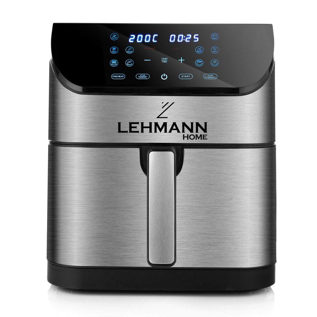 A front view of a silver and black air fryer.