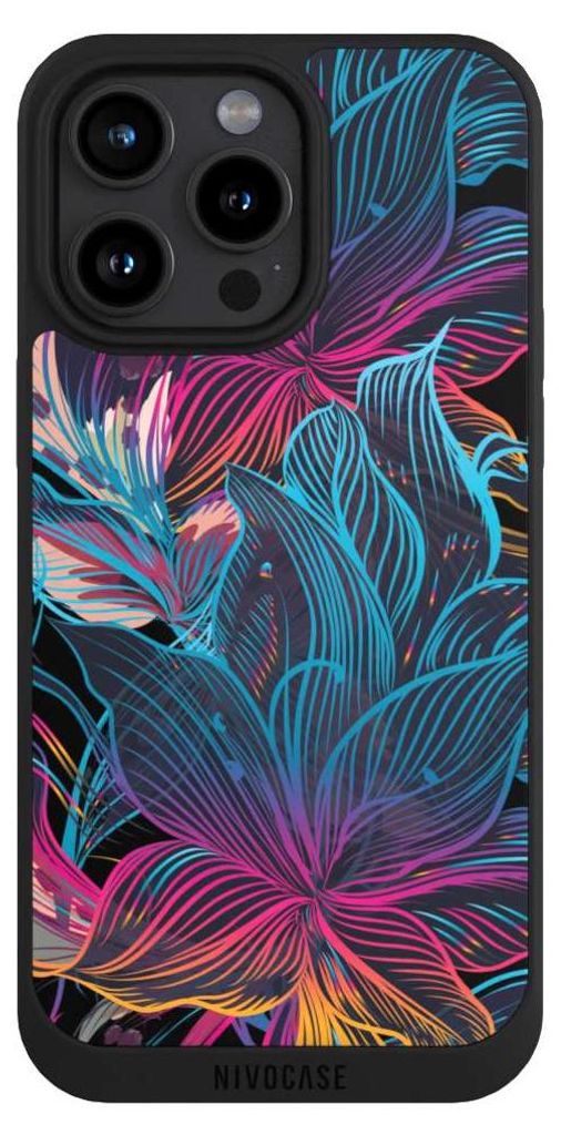 NIVOCASE Handyhülle für Apple iPhone 15 Pro Max Hülle NIVOpure Case Schwarz Blumen Neon bunt