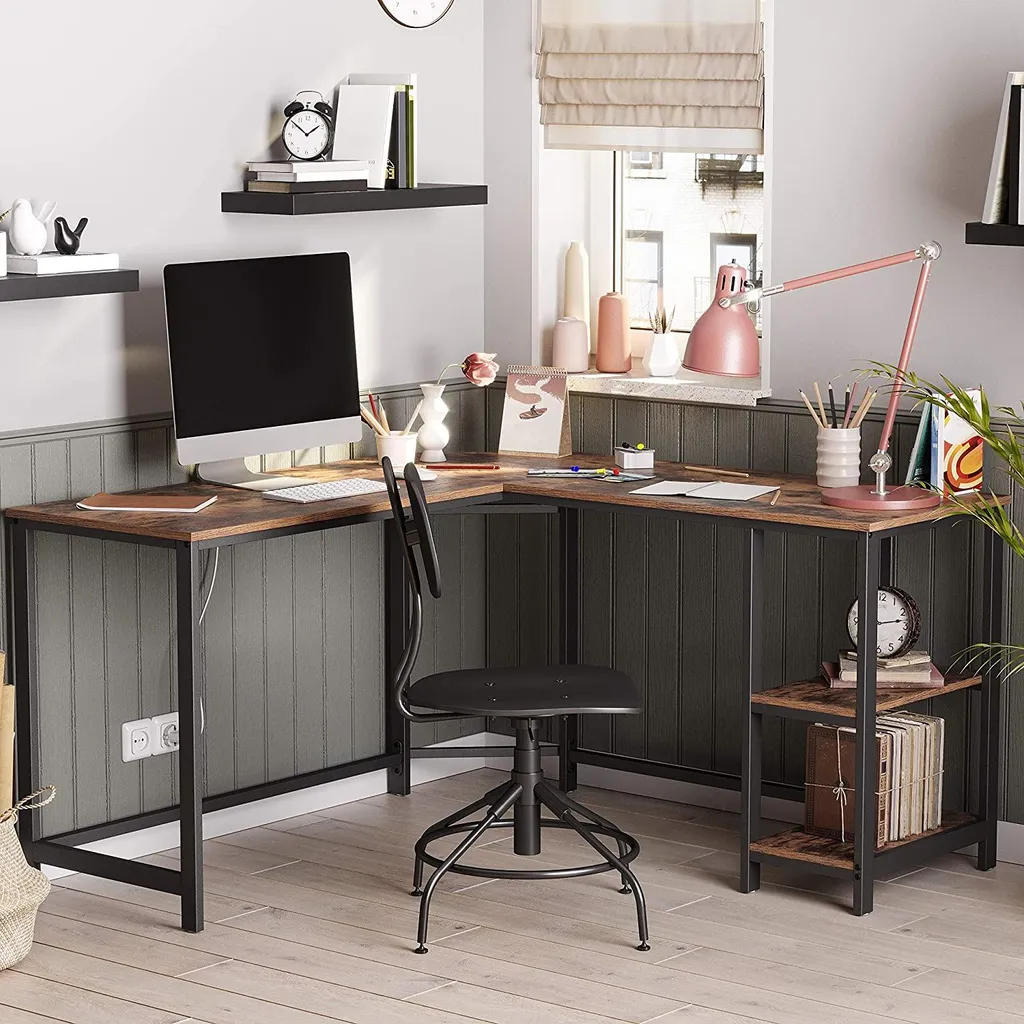 Bureau d'angle Fabrice 138cm marron rustique et noir avec 2 tablettes - 2