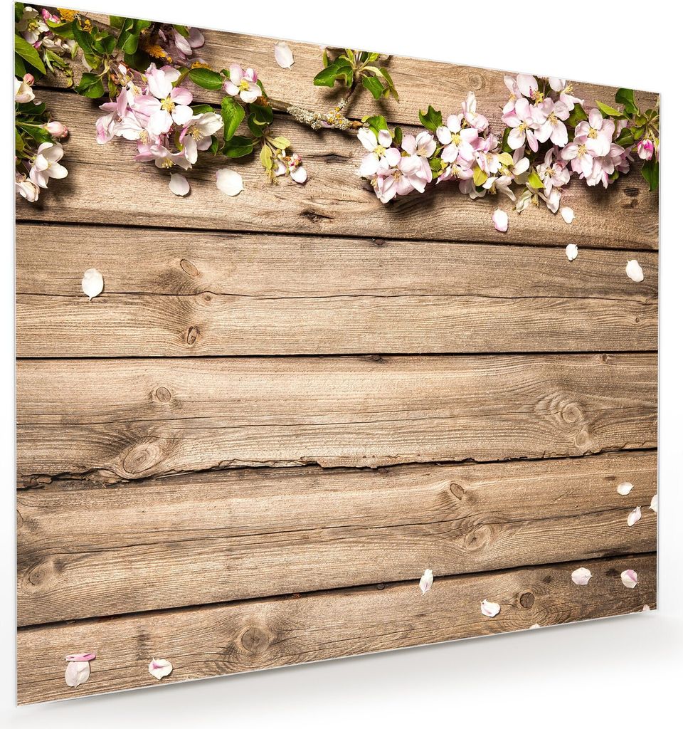 Glasbild Wandbild Blüten auf Holztisch 60x50cm in XXL für Wohnzimmer, Schlafzimmer, Badezimmer, Flur