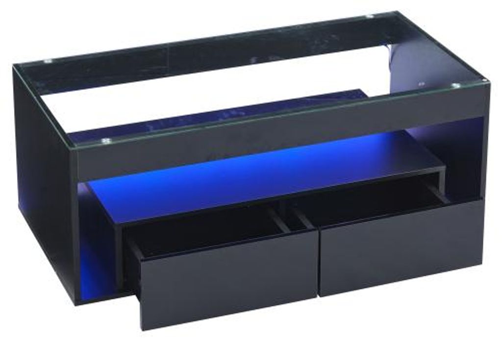Schwarz 110x50x40cm Moderner Couchtisch Mit 16-farbigem LED-Licht 2 Schubladen Doppelschichtiges Design Hochglanz