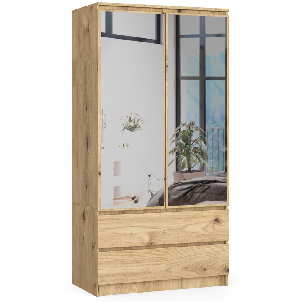 Kleiderschrank – Schlafzimmerschrank 2 Türen mit Kleiderstange – 90 cm – Artisan Eiche – Funktionaler Drehtürenschrank mit Spiegel und 2 ...