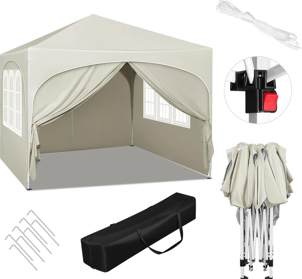 Faltpavillon - Partyzelt - 3 x 3 m - Pop-up Klappbar - 4 Seitenwände - Höhenverstellbar - Wasserabweisend - UV-Schutz - Beige