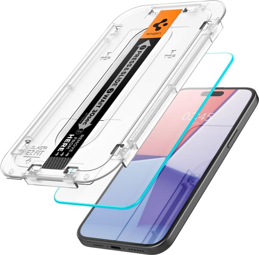 A screen protector installation kit and a smartphone.
