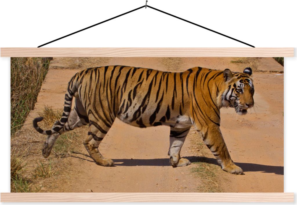 MuchoWow Textilposter Tiger - Auswärts - Laufen 60x30 cm mit holzfarbenen Rahmen - Dekoration