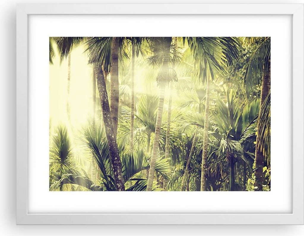 Gerahmtes Poster - Weißer Rahmen - Morgendämmerung Dschungel Palmen - 40x30 cm - Wand Bild - Wanddeko - Wandbilder - Kunstposter - Wandposter - B...