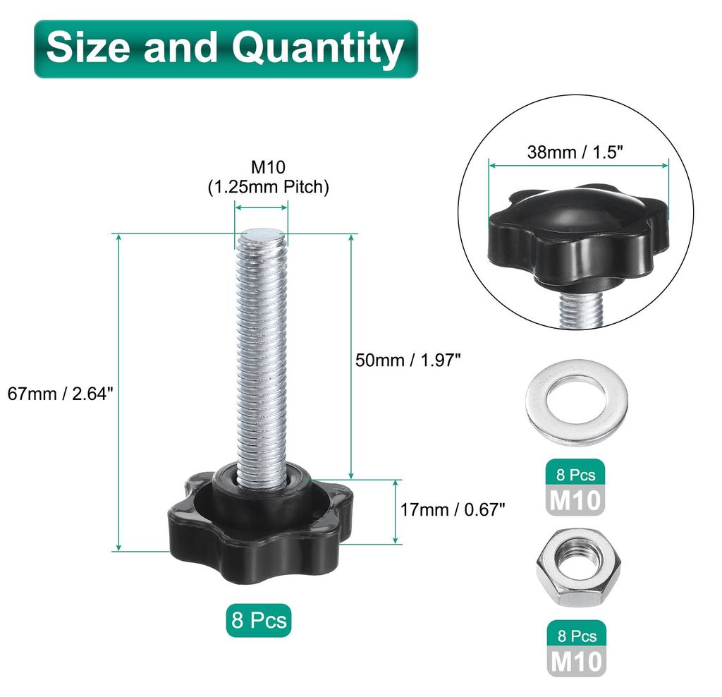 8 Stš¹ck R?ndelschraube Sterngriffmutter M10 x 50mm Metrisch verzinkter Kohlenstoffstahl 38mm R?ndelmutter 6-Stern Kunststoffstift Handkn?pfe Gri...