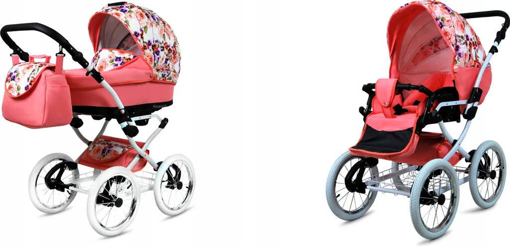 Poussette 2 en 1 BabyLux Margaret White à Suspension Souple et Motifs Roses