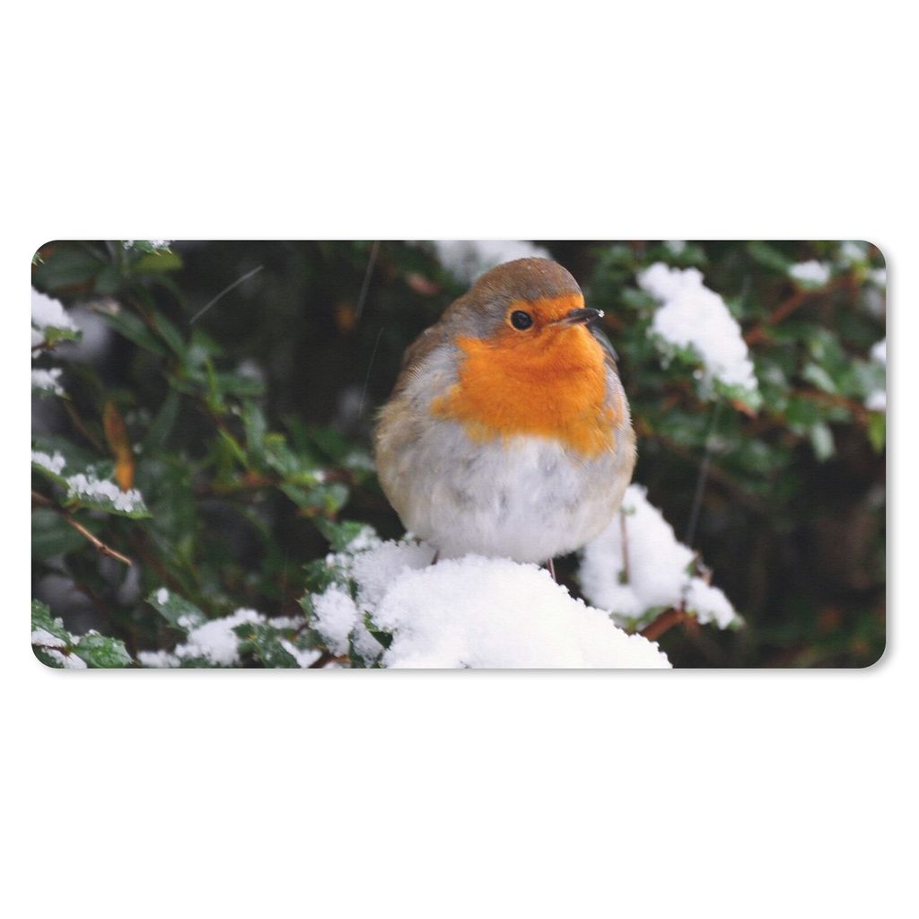 MuchoWow Schreibtischunterlage Rotkehlchen - Baum - Schnee 80x40 cm - XXL Mauspad - Gaming Mauspad
