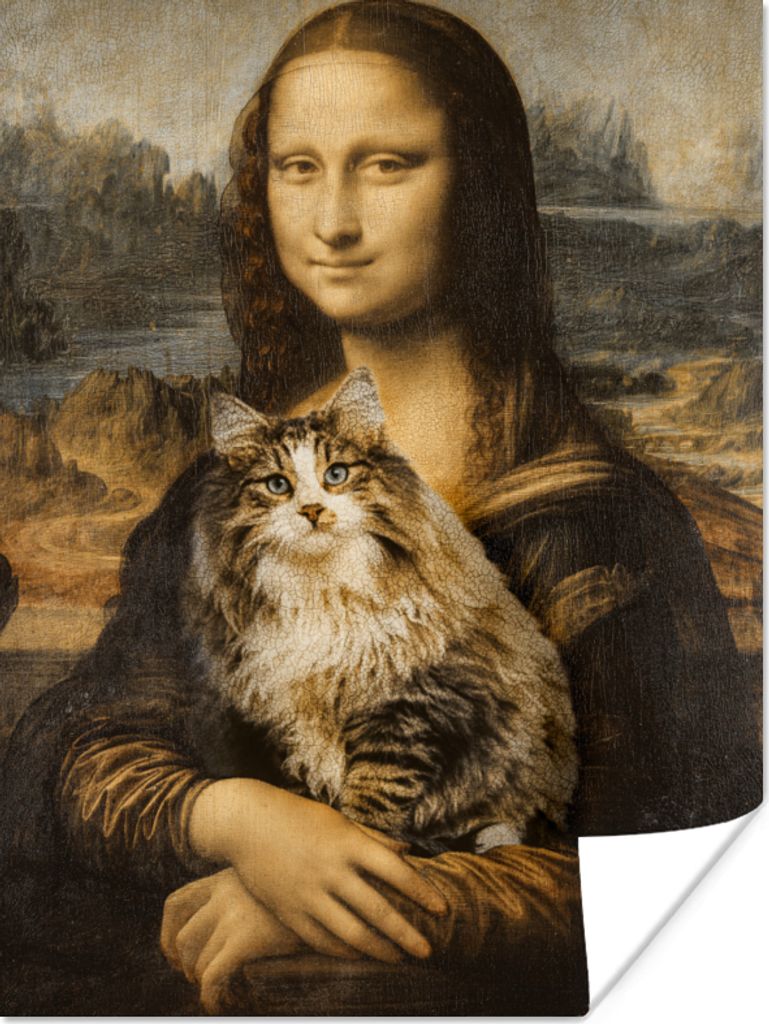 MuchoWow Poster Mona Lisa - Katze - Leonardo da Vinci - Vintage - Kunstwerk - Alte Meister - Gemälde 90x120 cm - Wohnzimmer