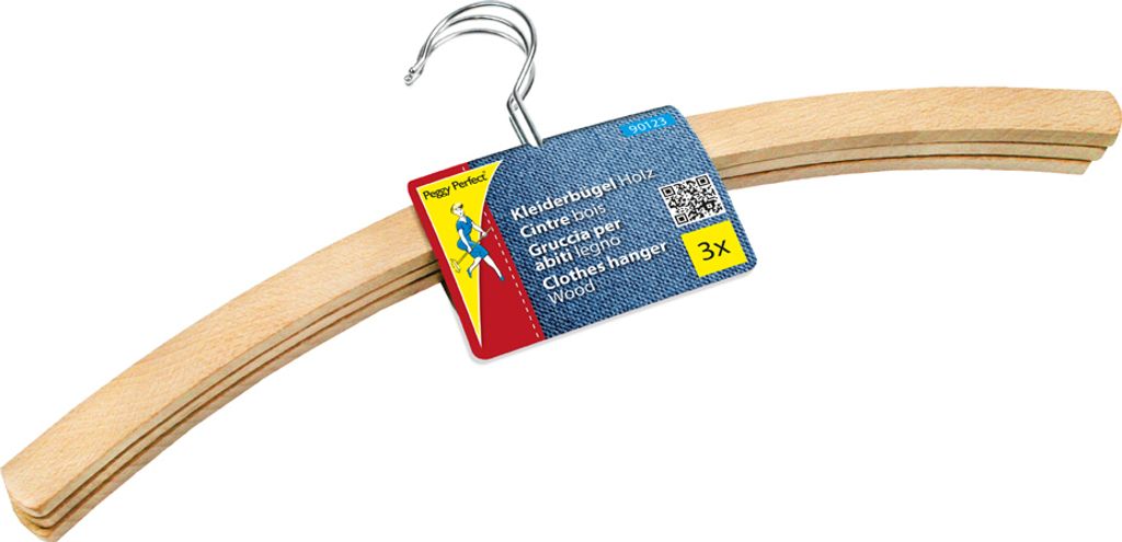 A wooden clothes hanger on a white background.