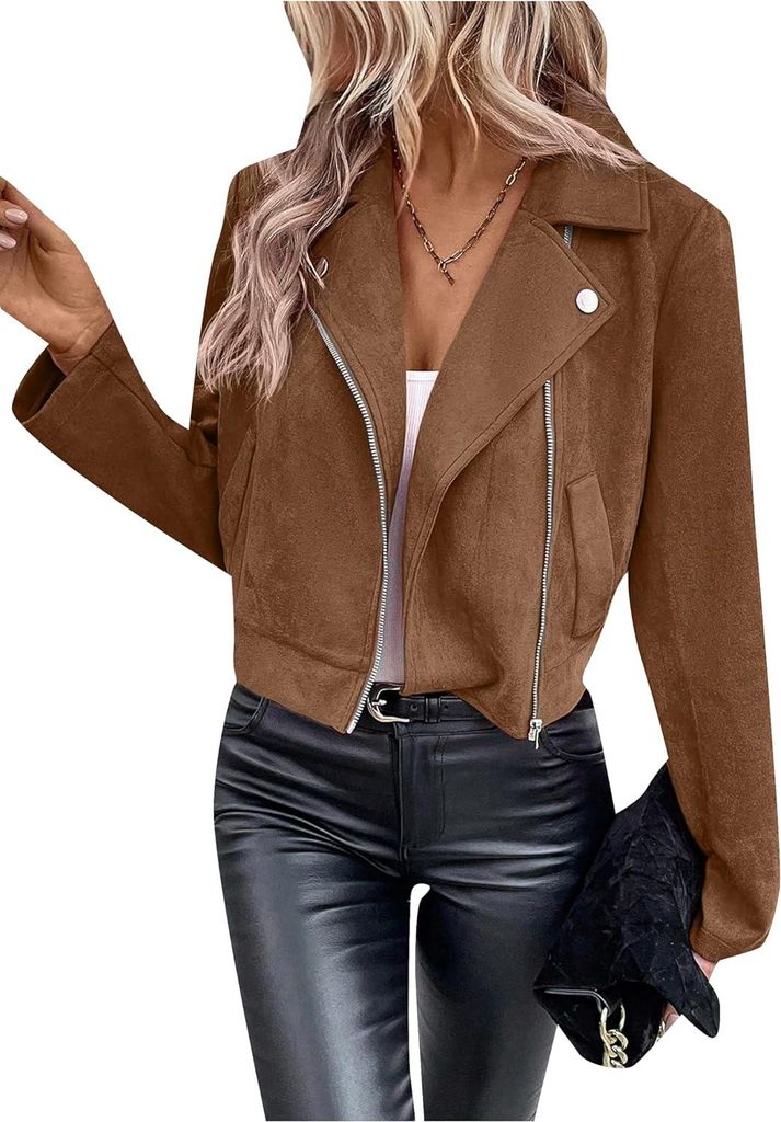 ASKSA Damen Faux Wildleder Biker Moto Jacke Langarm Reissverschluss Kurze Freizeitmaentel Outwear,Braun,L