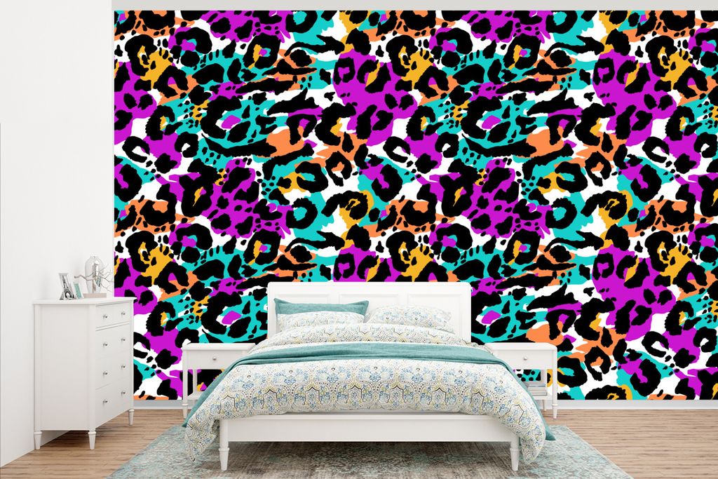 MuchoWow Fototapete für Wohnzimmer oder Schlafzimmer Wandtapete Vinyl Motivtapete Regenbogen - Panther - Muster - 345x220 cm - Wohnzimmertapete
