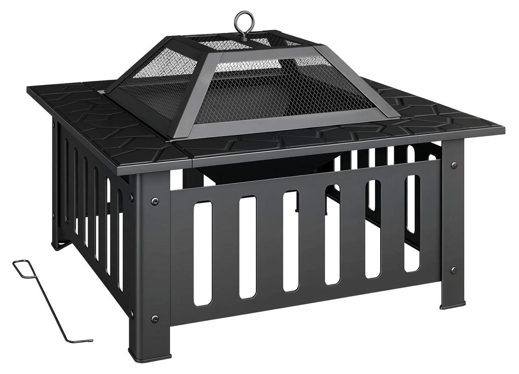 Feuerschale aus Stahl Feuerstelle mit Funkenschutz Schürhaken für Outdoor BBQ Camping 67x67x47cm Schwarz
