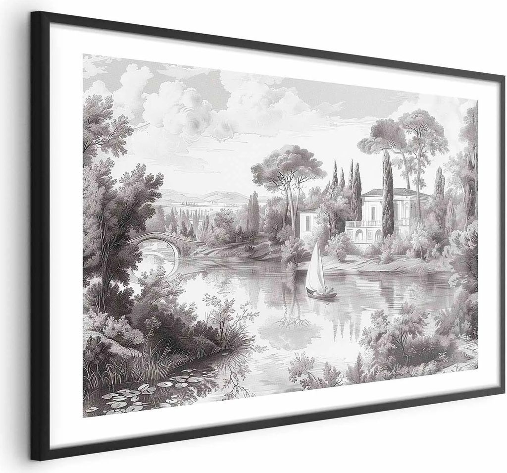 Posterpapier Poster - Black-and-White Vintage Landscape with a Pond 90x60 cm Landschaften c-H-10047-ao-a