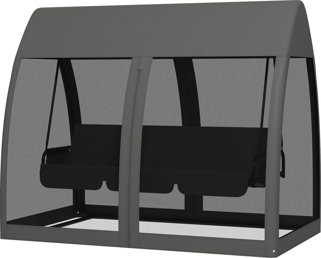 3-Sitzer-Terrassen-Schaukel, Veranda-Schaukel mit Bettfunktion, Hollywoodschaukel mit Mückennetz und Stahlrahmen, Grau