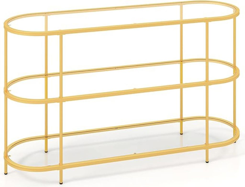 TV-Schrank für Fernseher bis 65 Zoll, TV-Regal aus Metallstruktur und gehärtetem Glas mit 3 offenen Regalen & 6 verstellbare Fußpolster, Eingang...