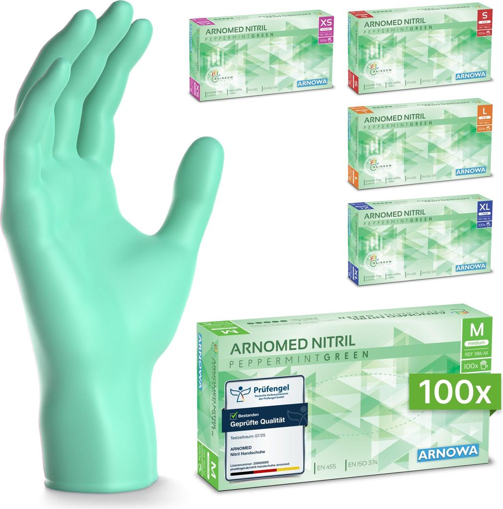 ARNOMED Nitril Handschuhe in Peppermint Grün, Größe L, Einmalhandschuhe | Box (100 Stück)