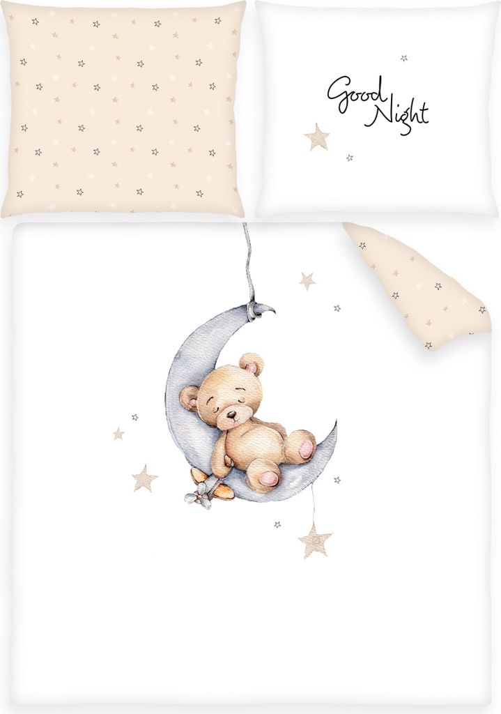 Babybettwäsche 80x80 & 35x40 – Wende-Bettwäsche mit schlafendem Bär auf Mondsichel & Sternchen – Baumwolle Renforcé –